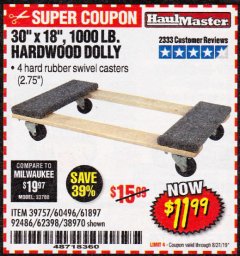 Harbor Freight Coupon 30" X 18" 1000LB. MOVERS DOLLY Lot No. 92486/39757/60496/62398/61897/38970 Expired: 8/31/19 - $11.99