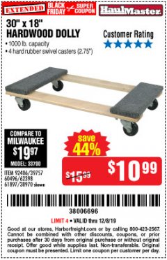 Harbor Freight Coupon 30" X 18" 1000LB. MOVERS DOLLY Lot No. 92486/39757/60496/62398/61897/38970 Expired: 12/8/19 - $10.99