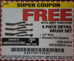 Harbor Freight FREE Coupon 6 PIECE DETAIL BRUSH SET Lot No. 93610/69526/62616 Expired: 11/10/18 - FWP