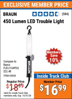 Harbor Freight ITC Coupon 450 LUMENS LED TROUBLE LIGHT Lot No. 63920 Expired: 10/31/20 - $16.99