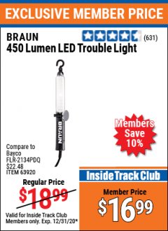 Harbor Freight ITC Coupon 450 LUMENS LED TROUBLE LIGHT Lot No. 63920 Expired: 12/31/20 - $16.99