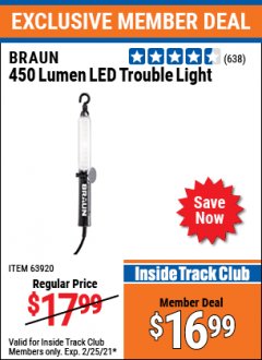 Harbor Freight ITC Coupon 450 LUMENS LED TROUBLE LIGHT Lot No. 63920 Expired: 2/25/21 - $16.99