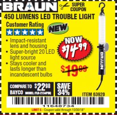 Harbor Freight Coupon 450 LUMENS LED TROUBLE LIGHT Lot No. 63920 Expired: 10/30/18 - $14.99