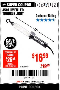 Harbor Freight Coupon 450 LUMENS LED TROUBLE LIGHT Lot No. 63920 Expired: 12/22/19 - $16.99