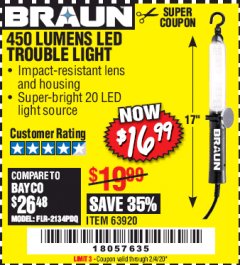 Harbor Freight Coupon 450 LUMENS LED TROUBLE LIGHT Lot No. 63920 Expired: 2/4/20 - $16.99
