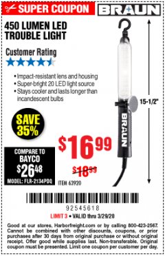 Harbor Freight Coupon 450 LUMENS LED TROUBLE LIGHT Lot No. 63920 Expired: 3/29/20 - $16.99