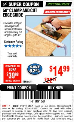 Harbor Freight ITC Coupon 50" CLAMP & CUT EDGE GUIDE Lot No. 66581 Expired: 1/10/19 - $14.99