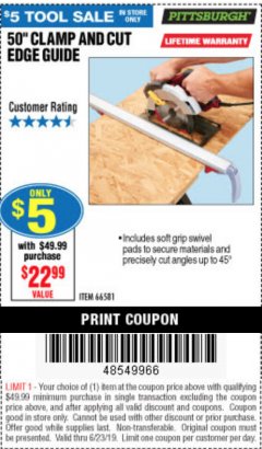 Harbor Freight Coupon 50" CLAMP & CUT EDGE GUIDE Lot No. 66581 Expired: 6/30/19 - $5