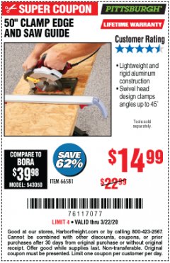 Harbor Freight Coupon 50" CLAMP & CUT EDGE GUIDE Lot No. 66581 Expired: 3/22/20 - $14.99