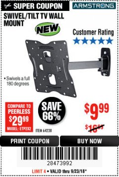 Harbor Freight Coupon SWIVEL/TILT TV WALL MOUNT Lot No. 64238 Expired: 9/23/18 - $9.99