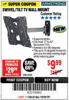Harbor Freight Coupon SWIVEL/TILT TV WALL MOUNT Lot No. 64238 Expired: 10/28/18 - $9.99