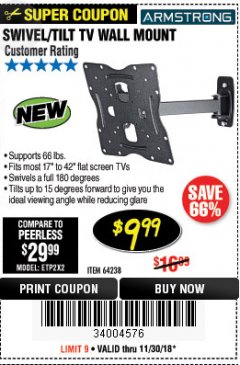 Harbor Freight Coupon SWIVEL/TILT TV WALL MOUNT Lot No. 64238 Expired: 11/30/18 - $9.99