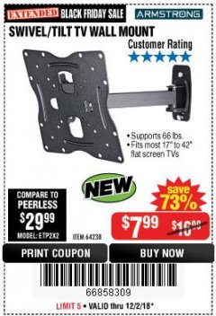 Harbor Freight Coupon SWIVEL/TILT TV WALL MOUNT Lot No. 64238 Expired: 12/2/18 - $7.99