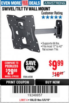 Harbor Freight Coupon SWIVEL/TILT TV WALL MOUNT Lot No. 64238 Expired: 5/5/19 - $9.99