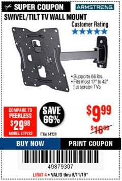 Harbor Freight Coupon SWIVEL/TILT TV WALL MOUNT Lot No. 64238 Expired: 8/11/19 - $9.99