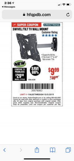 Harbor Freight Coupon SWIVEL/TILT TV WALL MOUNT Lot No. 64238 Expired: 10/5/19 - $9.99