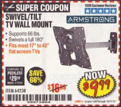 Harbor Freight Coupon SWIVEL/TILT TV WALL MOUNT Lot No. 64238 Expired: 10/31/19 - $9.99