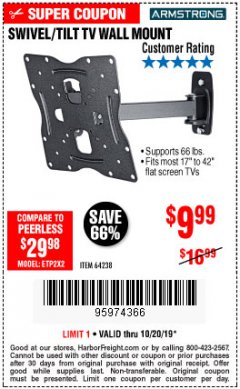 Harbor Freight Coupon SWIVEL/TILT TV WALL MOUNT Lot No. 64238 Expired: 10/20/19 - $9.99