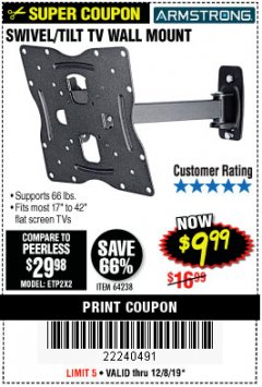 Harbor Freight Coupon SWIVEL/TILT TV WALL MOUNT Lot No. 64238 Expired: 12/8/19 - $9.99