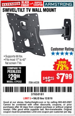 Harbor Freight Coupon SWIVEL/TILT TV WALL MOUNT Lot No. 64238 Expired: 12/8/19 - $7.99