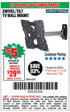 Harbor Freight Coupon SWIVEL/TILT TV WALL MOUNT Lot No. 64238 Expired: 12/24/19 - $5