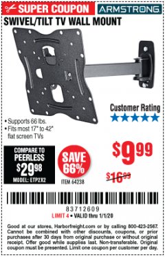 Harbor Freight Coupon SWIVEL/TILT TV WALL MOUNT Lot No. 64238 Expired: 1/1/20 - $9.99