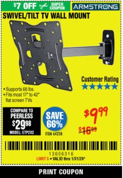 Harbor Freight Coupon SWIVEL/TILT TV WALL MOUNT Lot No. 64238 Expired: 1/31/20 - $9.99