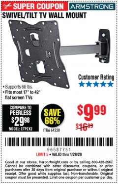 Harbor Freight Coupon SWIVEL/TILT TV WALL MOUNT Lot No. 64238 Expired: 1/20/20 - $9.99