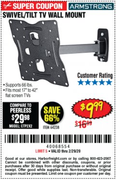 Harbor Freight Coupon SWIVEL/TILT TV WALL MOUNT Lot No. 64238 Expired: 2/29/20 - $9.99