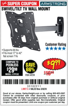 Harbor Freight Coupon SWIVEL/TILT TV WALL MOUNT Lot No. 64238 Expired: 2/8/20 - $9.99