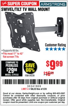 Harbor Freight Coupon SWIVEL/TILT TV WALL MOUNT Lot No. 64238 Expired: 4/1/20 - $9.99