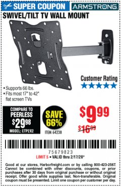 Harbor Freight Coupon SWIVEL/TILT TV WALL MOUNT Lot No. 64238 Expired: 2/17/20 - $9.99