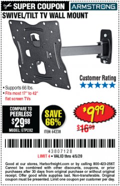 Harbor Freight Coupon SWIVEL/TILT TV WALL MOUNT Lot No. 64238 Expired: 6/30/20 - $9.99
