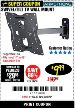 Harbor Freight Coupon SWIVEL/TILT TV WALL MOUNT Lot No. 64238 Expired: 6/30/20 - $9.99