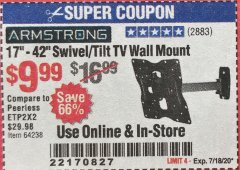 Harbor Freight Coupon SWIVEL/TILT TV WALL MOUNT Lot No. 64238 Expired: 7/18/20 - $9.99