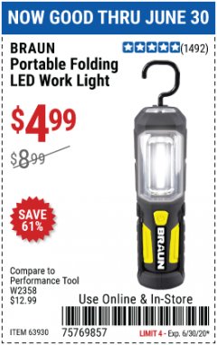 Harbor Freight Coupon PORTABLE FOLDING LED WORK LIGHT Lot No. 63930 Expired: 6/30/20 - $4.99