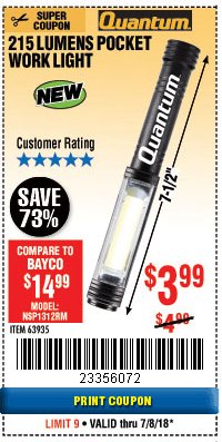 Harbor Freight Coupon 215 LUMENS POCKET WORK LIGHT Lot No. 63935 Expired: 7/8/18 - $3.99