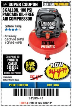 Harbor Freight Coupon 3 GALLON, 100 PSI PANCAKE OIL-FREE AIR COMPRESSOR Lot No. 61615/60637/95275 Expired: 9/30/18 - $44.99