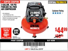 Harbor Freight Coupon 3 GALLON, 100 PSI PANCAKE OIL-FREE AIR COMPRESSOR Lot No. 61615/60637/95275 Expired: 3/3/19 - $44.99