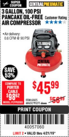 Harbor Freight Coupon 3 GALLON, 100 PSI PANCAKE OIL-FREE AIR COMPRESSOR Lot No. 61615/60637/95275 Expired: 4/22/19 - $45.99