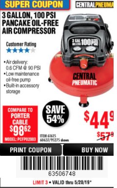 Harbor Freight Coupon 3 GALLON, 100 PSI PANCAKE OIL-FREE AIR COMPRESSOR Lot No. 61615/60637/95275 Expired: 5/20/19 - $44.99