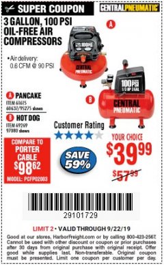 Harbor Freight Coupon 3 GALLON, 100 PSI PANCAKE OIL-FREE AIR COMPRESSOR Lot No. 61615/60637/95275 Expired: 9/22/19 - $39.99