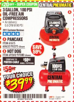 Harbor Freight Coupon 3 GALLON, 100 PSI PANCAKE OIL-FREE AIR COMPRESSOR Lot No. 61615/60637/95275 Expired: 11/30/19 - $39.99