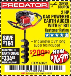 Harbor Freight Coupon PREDATOR 2 HP GAS POWERED EARTH AUGER WITH 6" BIT Lot No. 63022/56257 Expired: 11/16/18 - $169.99