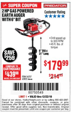 Harbor Freight Coupon PREDATOR 2 HP GAS POWERED EARTH AUGER WITH 6" BIT Lot No. 63022/56257 Expired: 12/22/19 - $179.99