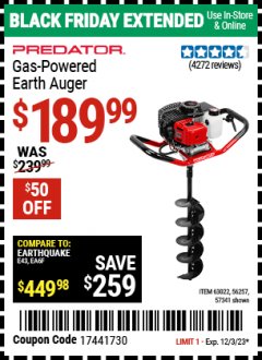 Harbor Freight Coupon PREDATOR 2 HP GAS POWERED EARTH AUGER WITH 6" BIT Lot No. 63022/56257 Expired: 12/3/23 - $189.99