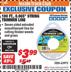 Harbor Freight ITC Coupon 0.065" X 100 FT. STRING TRIMMER LINE Lot No. 63975 Expired: 4/30/20 - $3.99