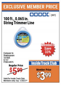 Harbor Freight ITC Coupon 0.065" X 100 FT. STRING TRIMMER LINE Lot No. 63975 Expired: 1/28/21 - $3.99