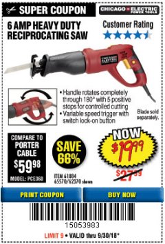 Harbor Freight Coupon 6 AMP HEAVY DUTY RECIPROCATING SAW Lot No. 61884/65570/62370 Expired: 9/30/18 - $19.99