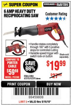 Harbor Freight Coupon 6 AMP HEAVY DUTY RECIPROCATING SAW Lot No. 61884/65570/62370 Expired: 9/16/18 - $19.99